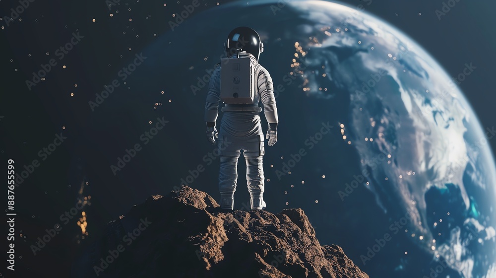 Rear view of a minimalist astronaut in a sleek white suit standing on a small rocky planet Rear view of a minimalist astronaut in a sleek white suit standing on a small rocky planet