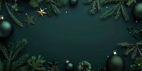 dark green christmas decoration background with ornaments and empty copy space