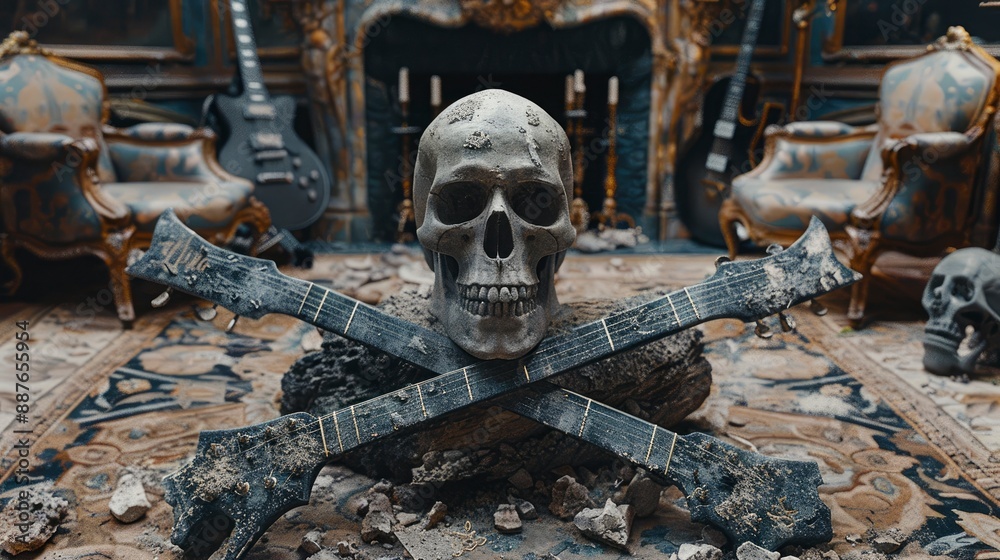 Skull And Crossed Guitars, Edgy And Bold, High Quality Background Skull And Crossed Guitars, Edgy And Bold, High Quality Background