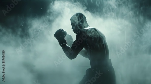 Intense boxer readying for a fight amidst dramatic mist.  photo
