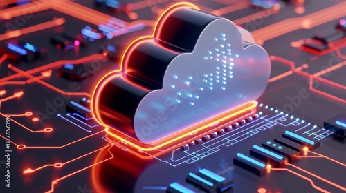 High-tech cloud computing icons, surrounded by a holographic circuit board background, neon lights and vibrant details, futuristic style