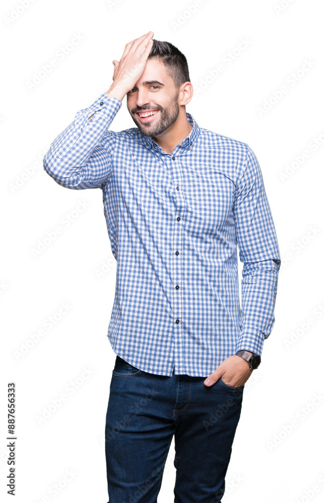 Young handsome man over isolated background surprised with hand on head for mistake, remember error. Forgot, bad memory concept. Young handsome man over isolated background surprised with hand on head for mistake, remember error. Forgot, bad memory concept.