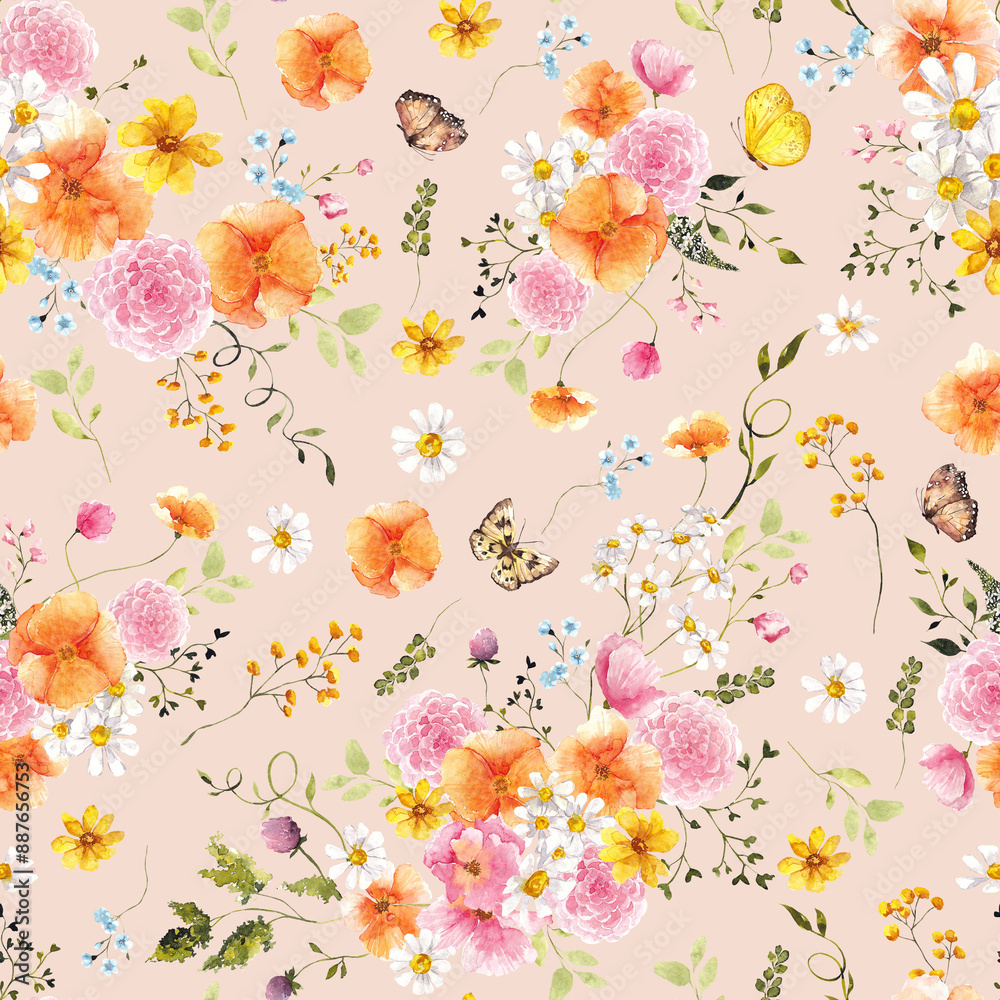 Fototapeta premium Seamless pattern with watercolor hand draw wildflowers, herbs and grass, butterfly, dragonfly and bumblebee, isolated on colored background