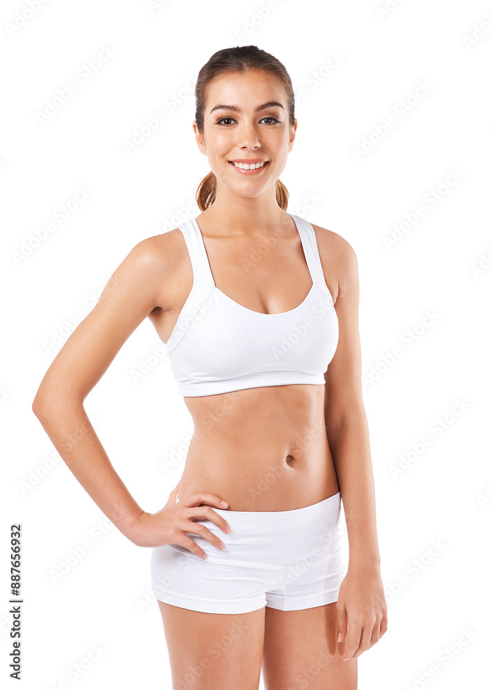 Woman, portrait and studio with underwear for healthy lifestyle, happiness or confidence for body. Female person, white background and smile with hand on hip for wellness, model with positive pose Woman, portrait and studio with underwear for healthy lifestyle, happiness or confidence for body. Female person, white background and smile with hand on hip for wellness, model with positive pose