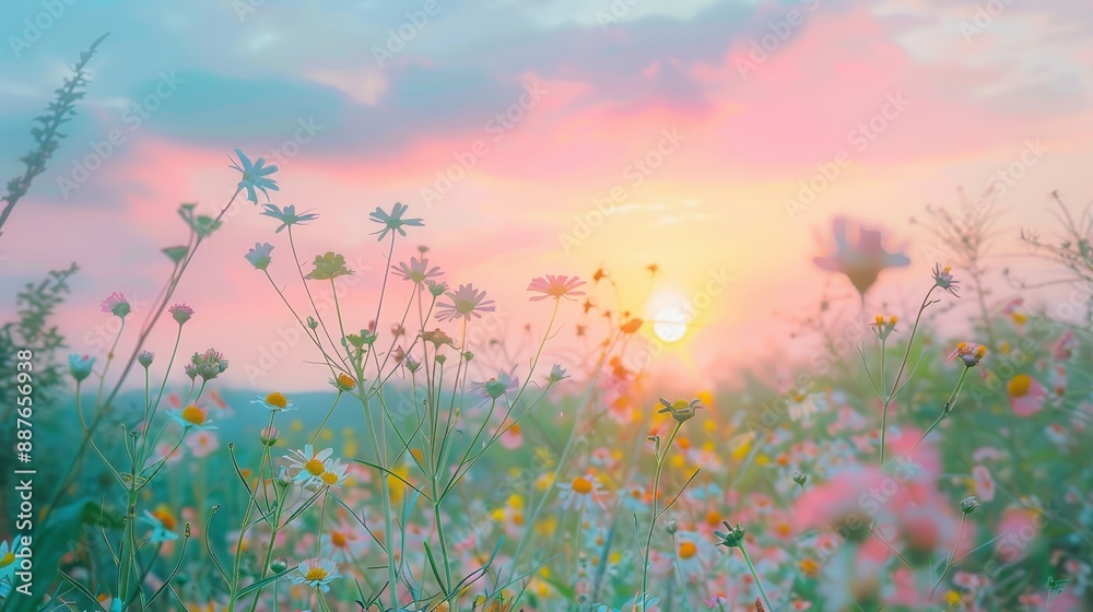 A field of wildflowers is illuminated by the vibrant colors of a setting sun A field of wildflowers is illuminated by the vibrant colors of a setting sun