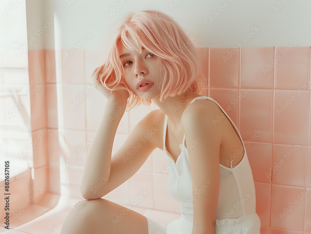 Obraz premium Tokyo Cute Schoolgirl Editorial Photography, Pink Hair, Realistic Photo Style, Natural Lighting, Closeup Shot
