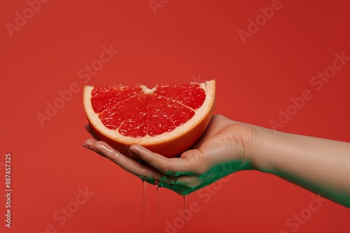 Citrus fruit - squeezing a grapefruit by hand. Beautiful simple AI generated image in 4K, unique. photo