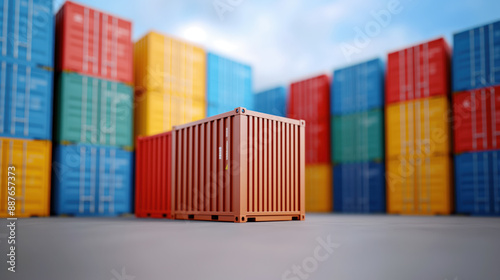 A single red cargo container sits prominently in the foreground, with a backdrop of stacked colorful containers. The vibrant scene highlights the industrial logistics and global trade environment.