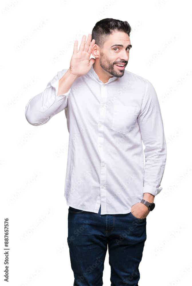 Young business man over isolated background smiling with hand over ear listening an hearing to rumor or gossip. Deafness concept. Young business man over isolated background smiling with hand over ear listening an hearing to rumor or gossip. Deafness concept.