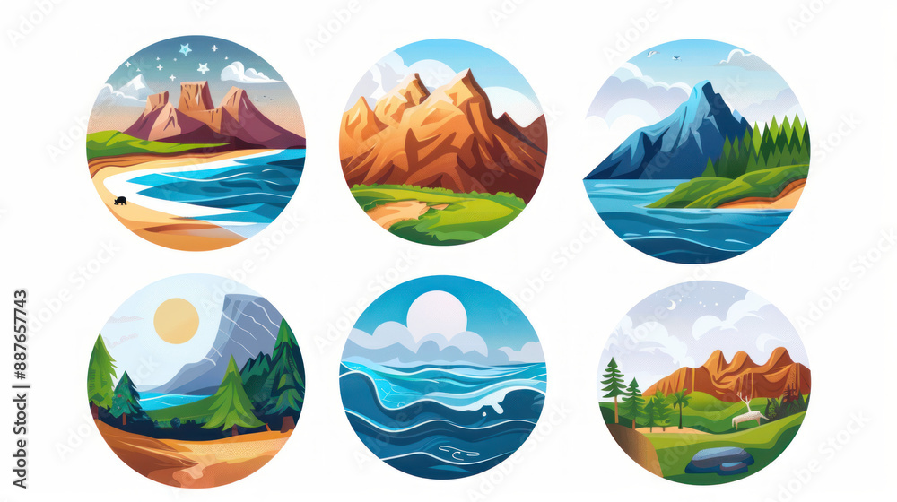 Fototapeta premium Nature icons for websites and apps. Desert, mountains, forest, river, sea, lake.
