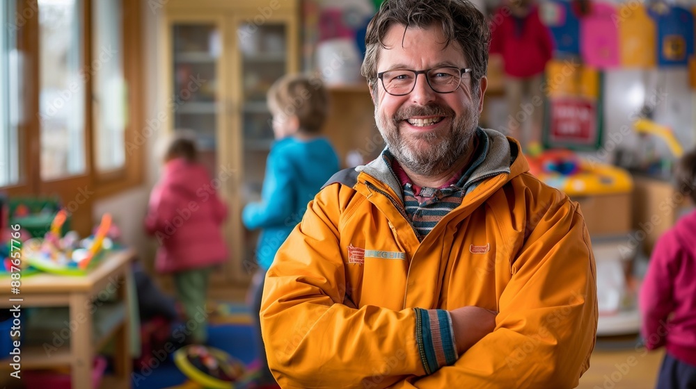 Happy male teacher in a vibrant classroom with toys and children reflecting his dedication and love for teaching and engaging young learners in joyful educational activities Happy male teacher in a vibrant classroom with toys and children reflecting his dedication and love for teaching and engaging young learners in joyful educational activities