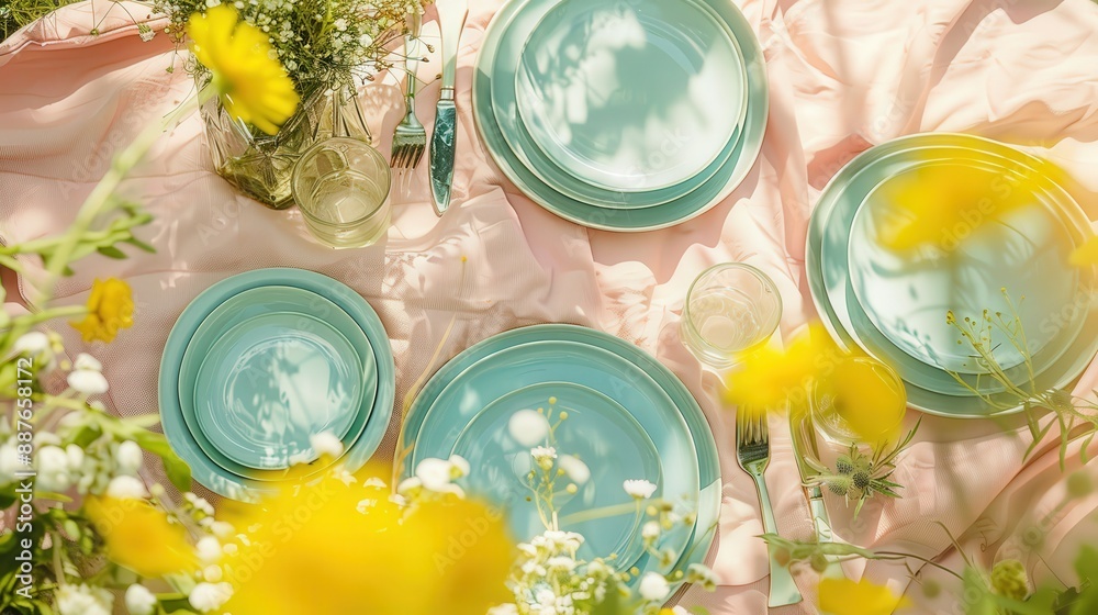 A close-up shot of a table setting on a pink tablecloth with teal plates and silverware, surrounded by yellow flowers A close-up shot of a table setting on a pink tablecloth with teal plates and silverware, surrounded by yellow flowers