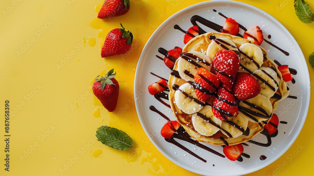 Belgian waffles topped with fresh strawberries, banana slices, drizzled chocolate sauce, and sugar on a yellow background Belgian waffles topped with fresh strawberries, banana slices, drizzled chocolate sauce, and sugar on a yellow background