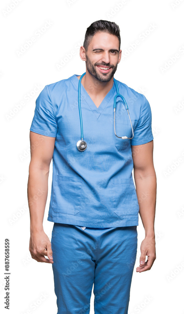 Handsome young doctor surgeon man over isolated background winking looking at the camera with sexy expression, cheerful and happy face. Handsome young doctor surgeon man over isolated background winking looking at the camera with sexy expression, cheerful and happy face.