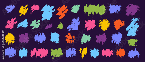Curly abstract shapes in doodle grunge style. Colorful wavy bold lines with dirty rough texture. Vector geometric, chaotic design elements. Brush strokes, lines.