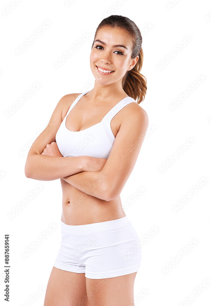 Female person, portrait and studio with underwear for healthy lifestyle, happiness or confidence for body. Woman, white background and smile with arms crossed for wellness, model and positive pose Female person, portrait and studio with underwear for healthy lifestyle, happiness or confidence for body. Woman, white background and smile with arms crossed for wellness, model and positive pose