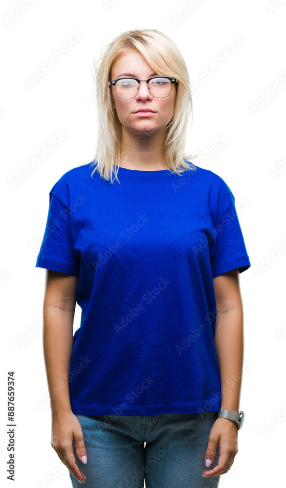 Young beautiful blonde woman wearing glasses over isolated background with serious expression on face. Simple and natural looking at the camera.