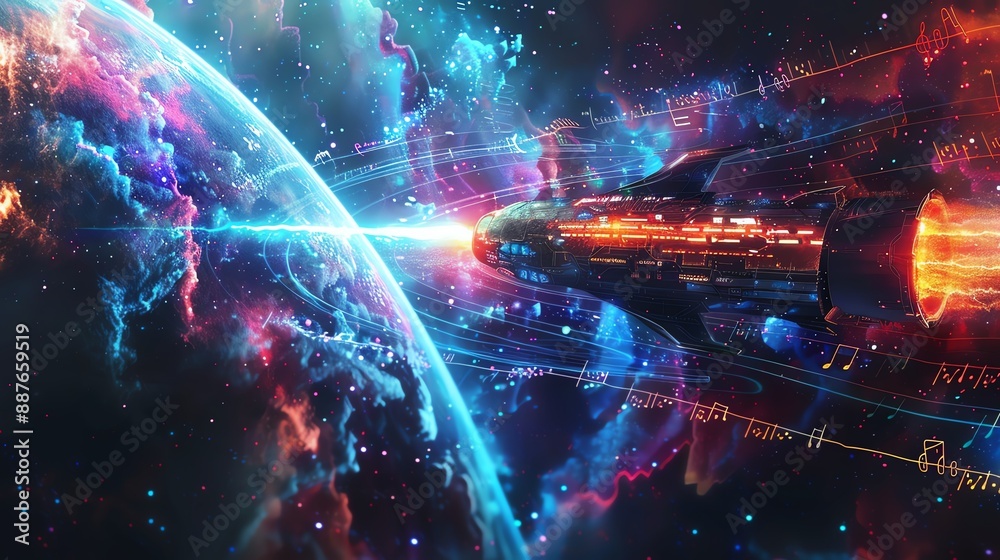 Fototapeta premium Tilted angle view of a futuristic spacecraft radiating soundwaves with musical notes around it