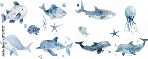 watercolor cute sea animals,