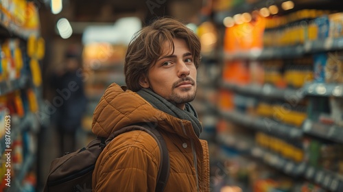 Rear reiw young man shopping in a supermarket, Customer in supermarket © Samvel
