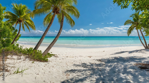 Illustrate a serene midday beachscape with azure waters meeting white sands, framed by lush greenery and a clear blue sky overhead, evoking a sense of tranquility and natural beauty.