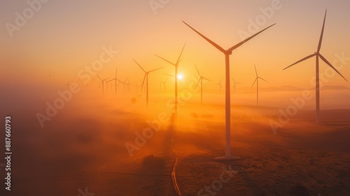 A field of wind turbines with a sun in the background