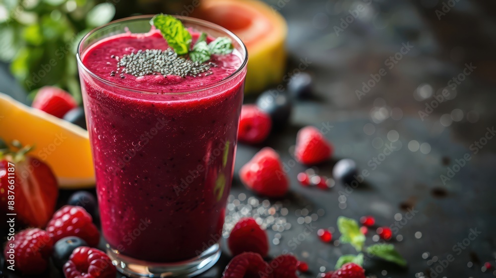 A glass of red juice with a few berries on top A glass of red juice with a few berries on top