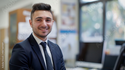 Business HR Manager in Professional Attire, Smiling Warmly in Corporate Office with Documents and Computer, Demonstrating Expertise in Human Resources Management © Art Genie