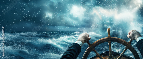 Businessman at the helm of a ship in a stormy sea, navigating through rough seas. The man has his hands on a wooden steering wheel as he sails toward success and freedom during a period of fast busine