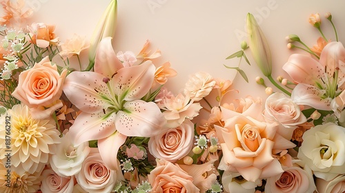 Elegant composition of pastel-colored flowers including lilies and peonies delicately placed on a smooth cream backdrop creating a serene and tranquil ambiance