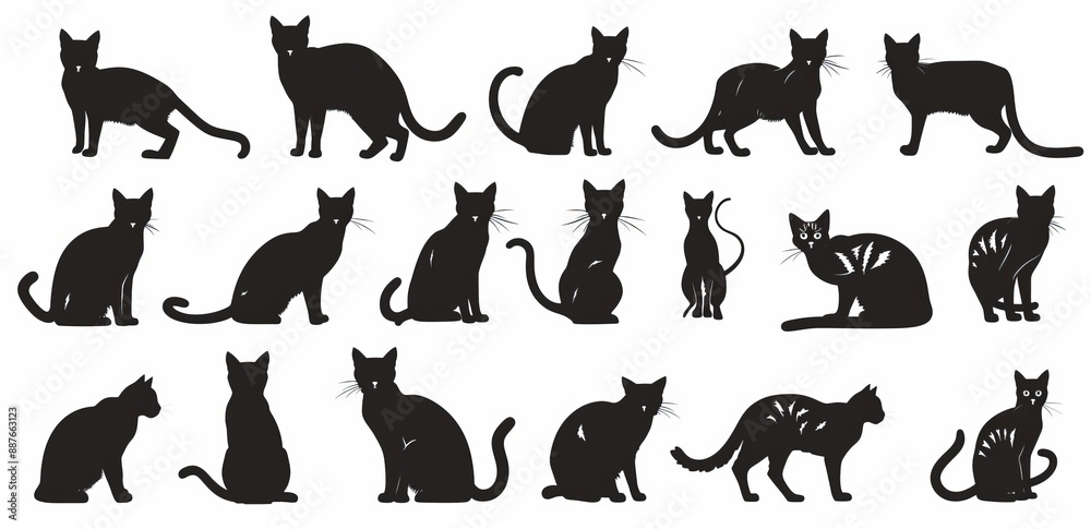 Obraz premium Black cat silhouette set. Kitten silhouette set. Modern illustration of black cat silhouettes
