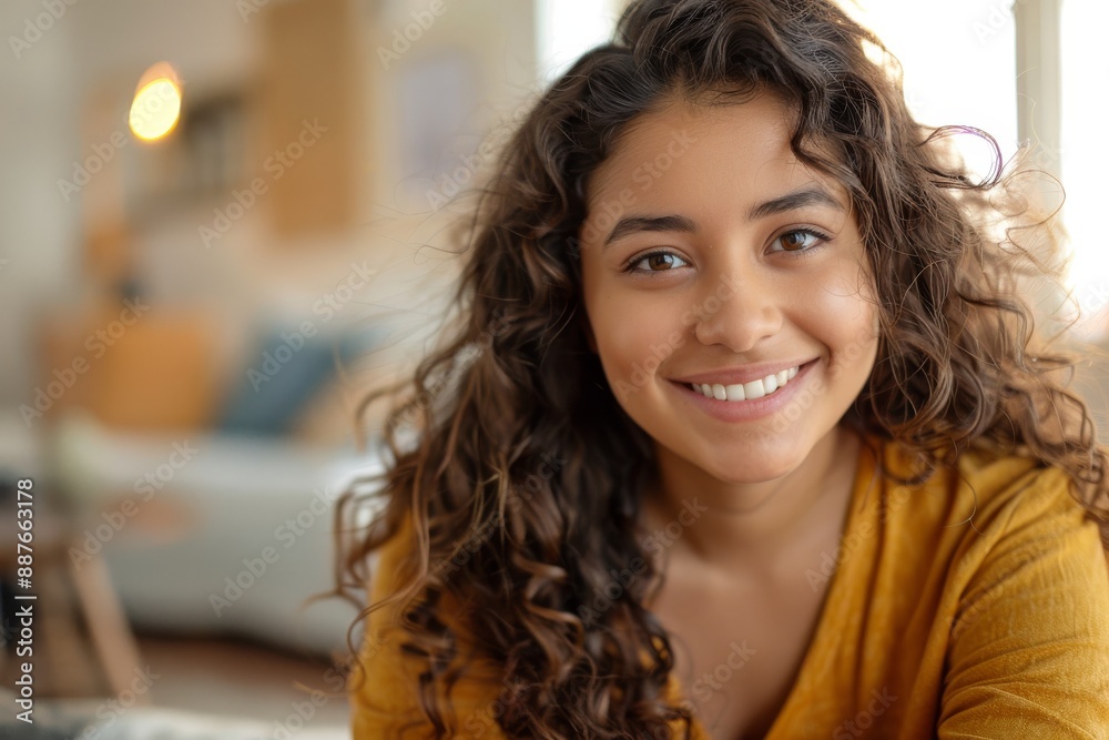 At home, a biracial young girl smiles gently and wears casual clothes At home, a biracial young girl smiles gently and wears casual clothes