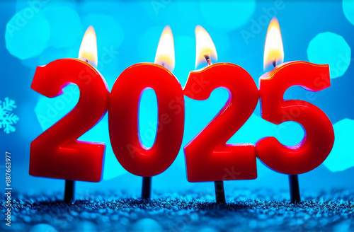 Festive background Happy New Year 2025 with bokeh. Red burning candles in the form of the numbers 2025 on a festive blurred background. Concept of Christmas and New Year holidays.