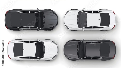 Vector mockup of a car, isolated against a white backdrop. sedan for business. Above view of a black, grey, and white car. Vehicle Model photo