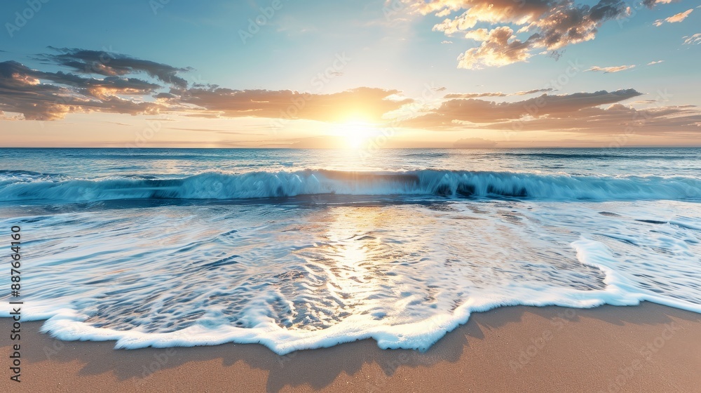 Fototapeta premium Photo-realistic imagery of a serene beach at sunset, with gentle waves and a colorful sky, capturing the tranquil beauty of nature