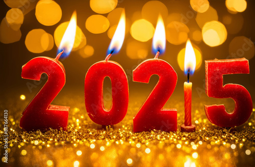 Festive background Happy New Year 2025 with bokeh. Red burning candles in the form of the numbers 2025 on a golden festive blurred background. Concept of Christmas and New Year holidays.