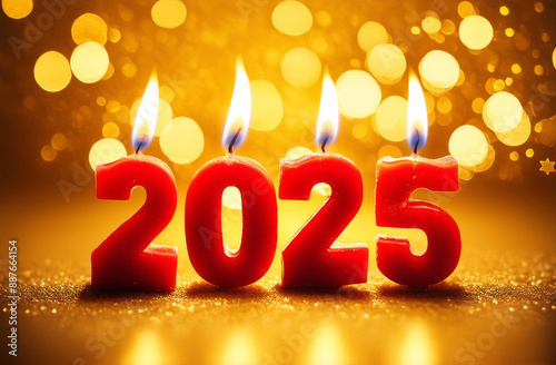 Festive background Happy New Year 2025 with bokeh. Red burning candles in the form of the numbers 2025 on a golden festive blurred background. Concept of Christmas and New Year holidays.