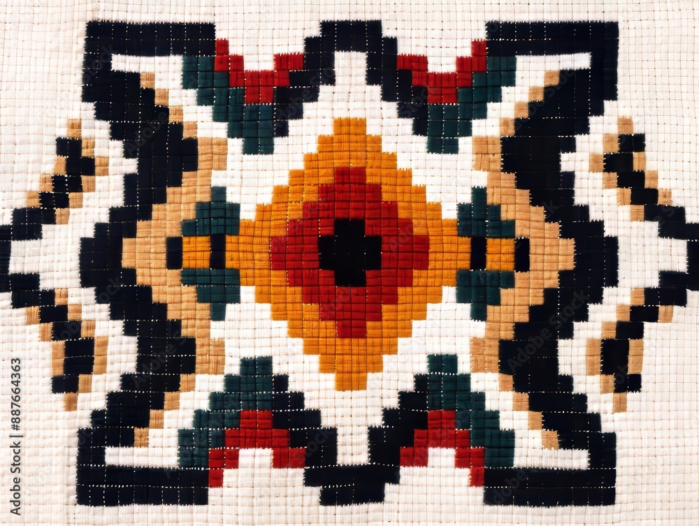Construct an intricate geometric cross-stitch pattern with Indian themes Construct an intricate geometric cross-stitch pattern with Indian themes