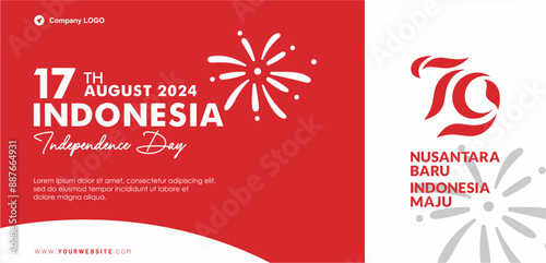 79th Indonesia independence day August 2024 banner, background, poster, greeting template. Design with 79 logo, fireworks and elegant red background. Dirgahayu Indonesia Vector Illustration
