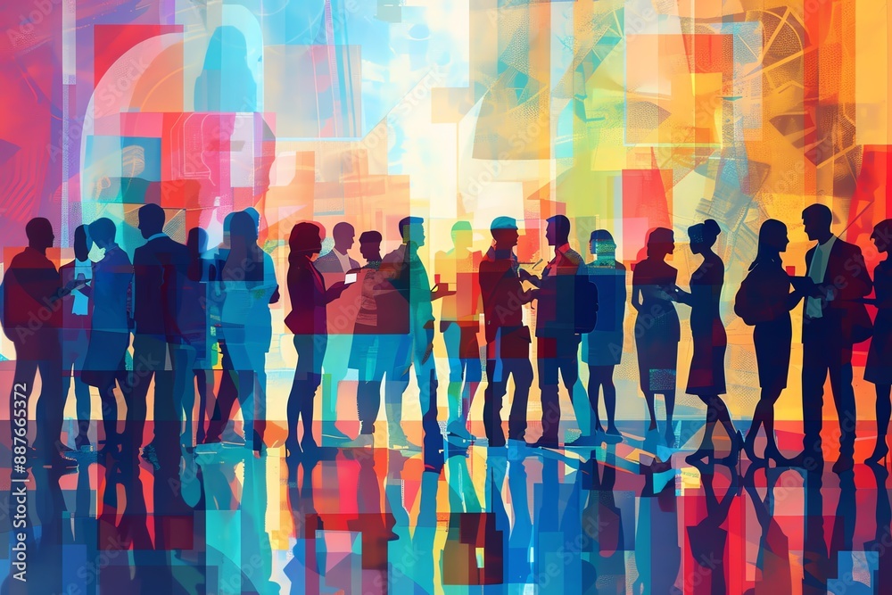 Obraz premium A vibrant abstract painting depicting silhouettes of people socializing, blending colors and human figures creating a dynamic, expressive scene.
