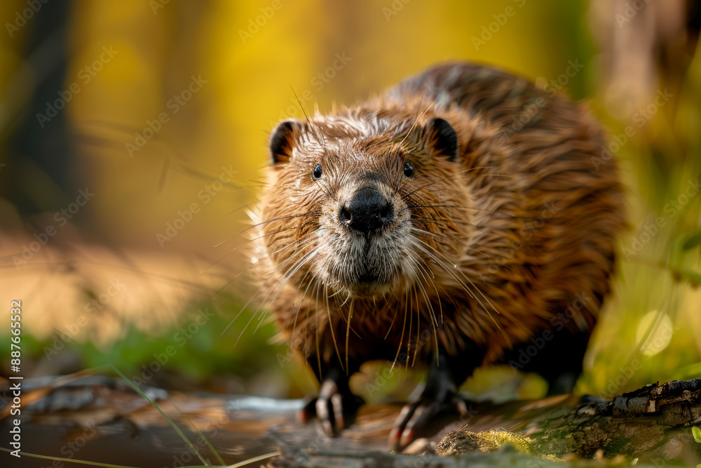 Fototapeta premium A beaver walking through the forest next to a dam on the river bank, warm summer weather, the concept of caring for the environment and protecting the animal world