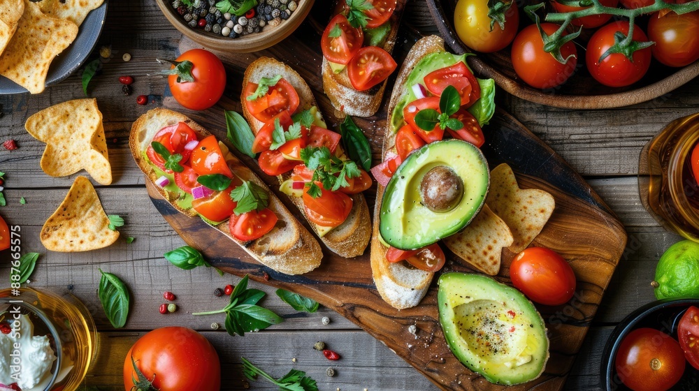 Top view of appetizing bruschetta with avocado tomatoes cheese herbs chips and drinks on a wooden surface Top view of appetizing bruschetta with avocado tomatoes cheese herbs chips and drinks on a wooden surface