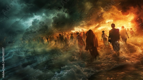Exodus of Climate Refugees: The Emotional Journey of Humanity in a Dark Digital Art Representation of a Natural Disaster's Impact
