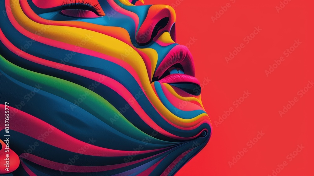 Obraz premium Vibrant artistic portrait of a face painted with bold, colorful stripes on a bright red background. Modern art concept for creative design projects.