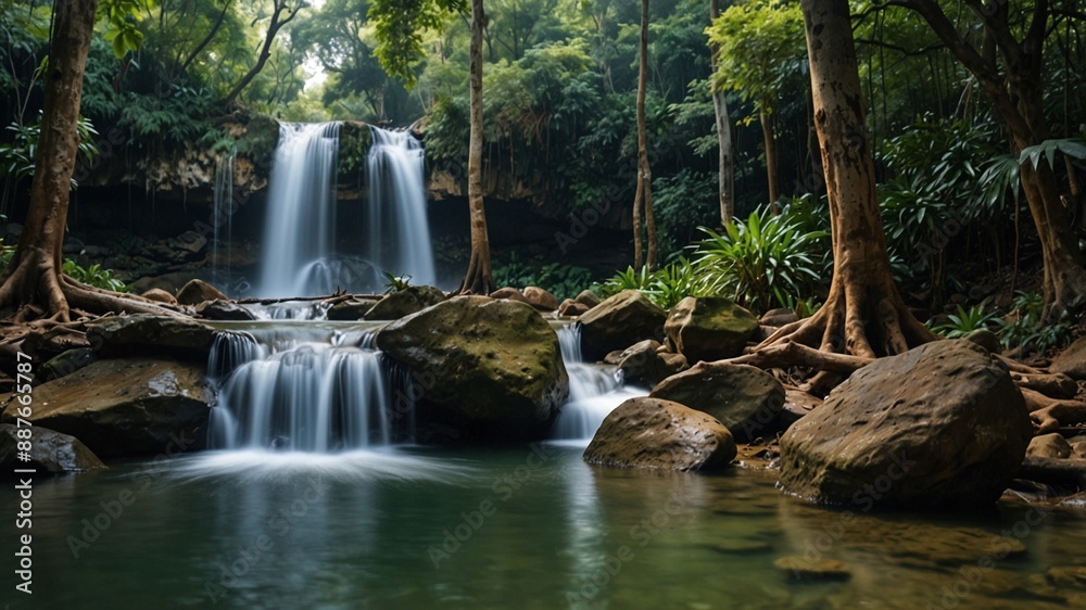 Panoramic beautiful deep forest waterfall in Thailand Panoramic beautiful deep forest waterfall in Thailand