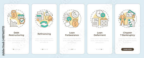 Debt reorganization process types onboarding mobile app screen. Walkthrough 5 steps editable graphic instructions with linear concepts. UI, UX, GUI template. Montserrat SemiBold, Regular fonts used