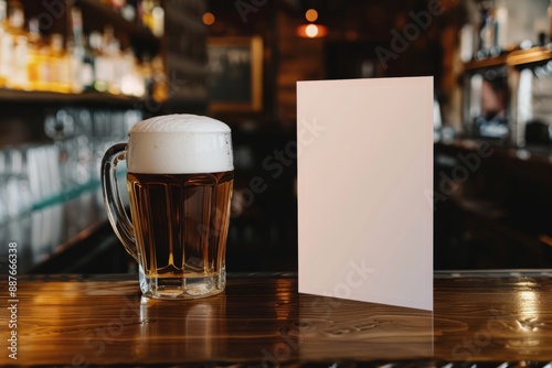 mockup of a beer bar menu standing on a bar counter with a mug of beer