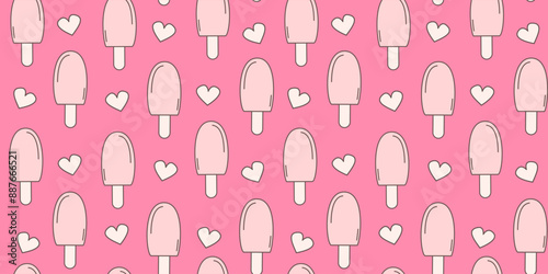 cute hand drawn pink ice cream and hearts seamless vector pattern background illustration 