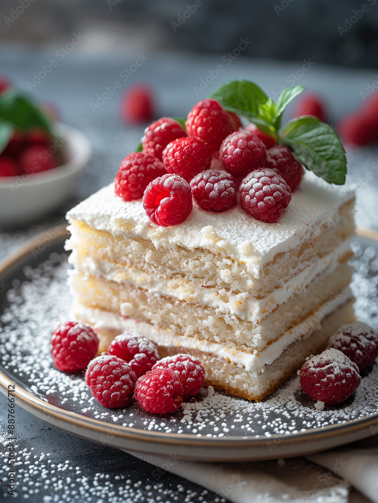 Сake with cream cheese frosting and raspberries, close-up Сake with cream cheese frosting and raspberries, close-up