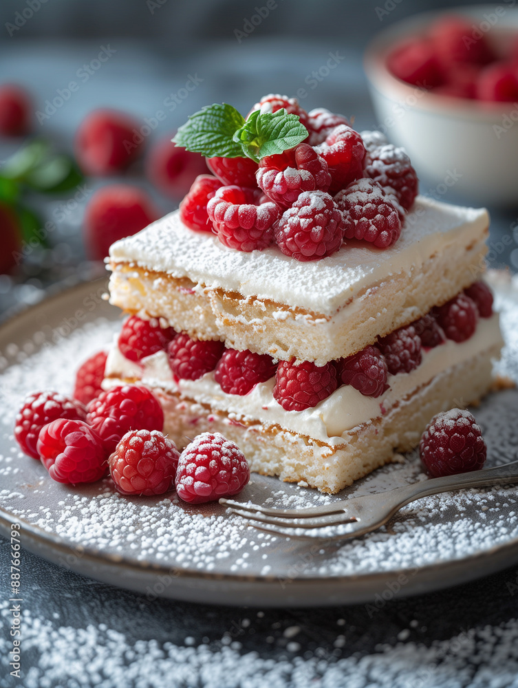Сake with cream cheese frosting and raspberries, close-up Сake with cream cheese frosting and raspberries, close-up